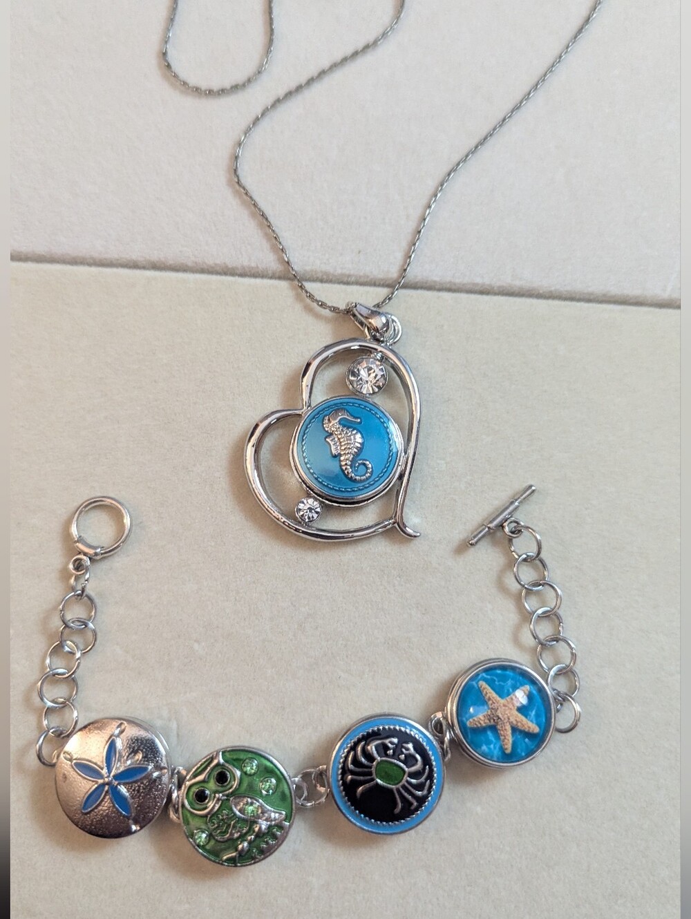 Silver Heart Interchangeable Pendant Necklace And Toggle Clasp Bracelet